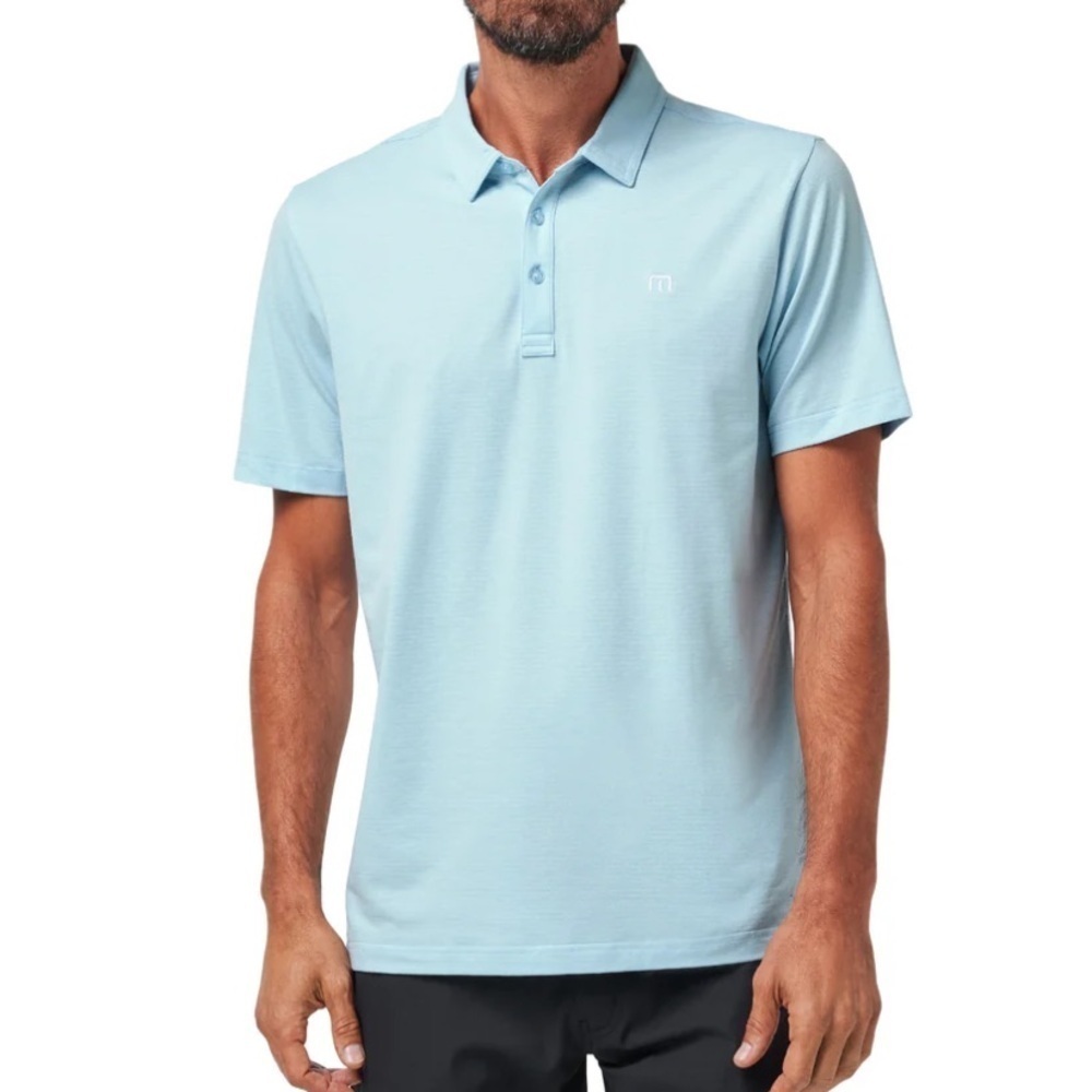 TravisMathew Men’s Heater Golf Polo Shirt L Heather Dream Blue *Stain*